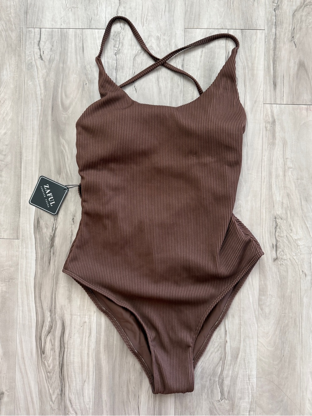 NWT Zaful Chocolate Brown Ribbed Open Back One Piece Swimsuit Womens Size Medium